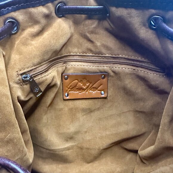 Patricia Nash Melrose Brushed Italian Nubuck Drawstring Bucket Bag Plum Key Fob - Picture 15 of 16